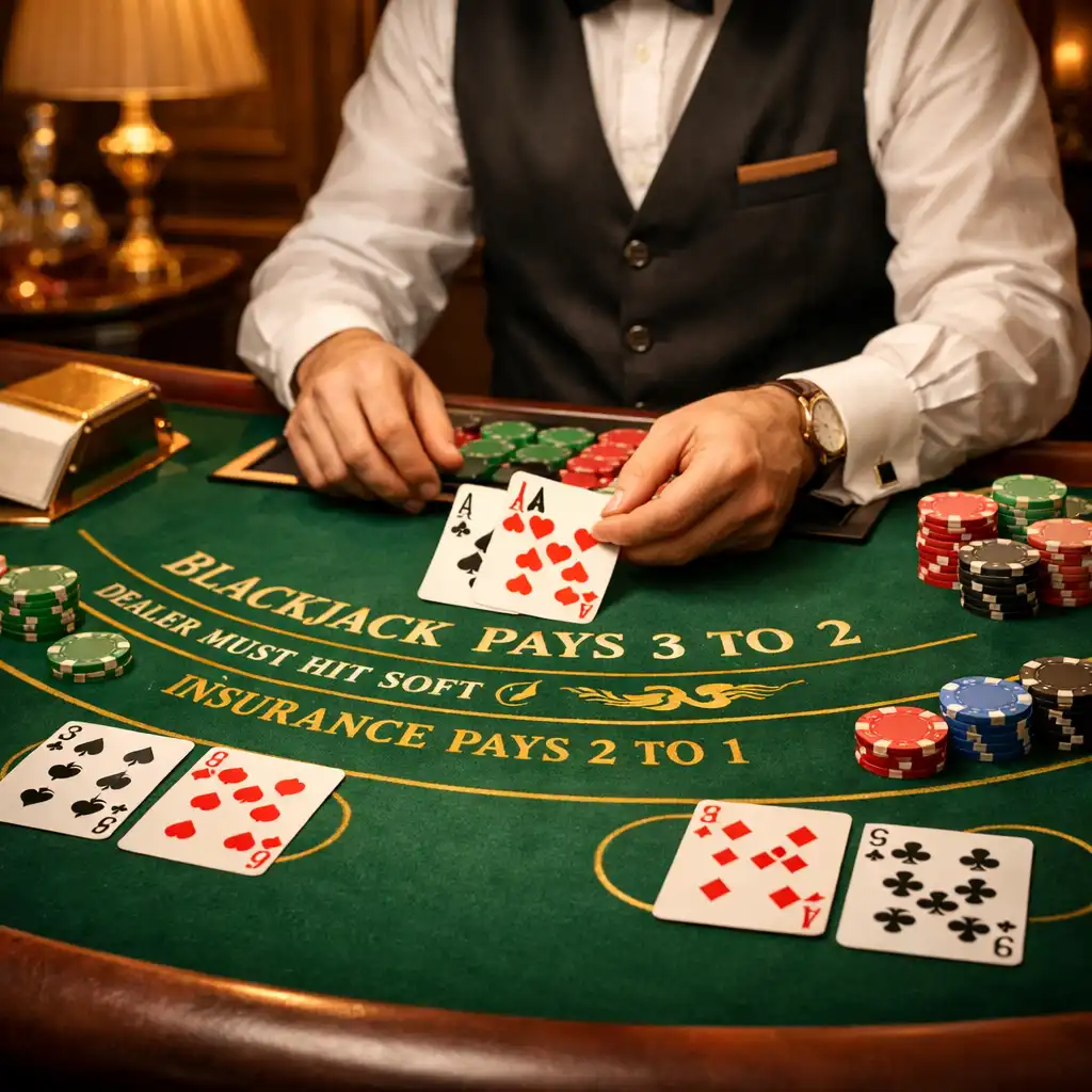 Stół do blackjacka z zielonym suknem, kartami i żetonami