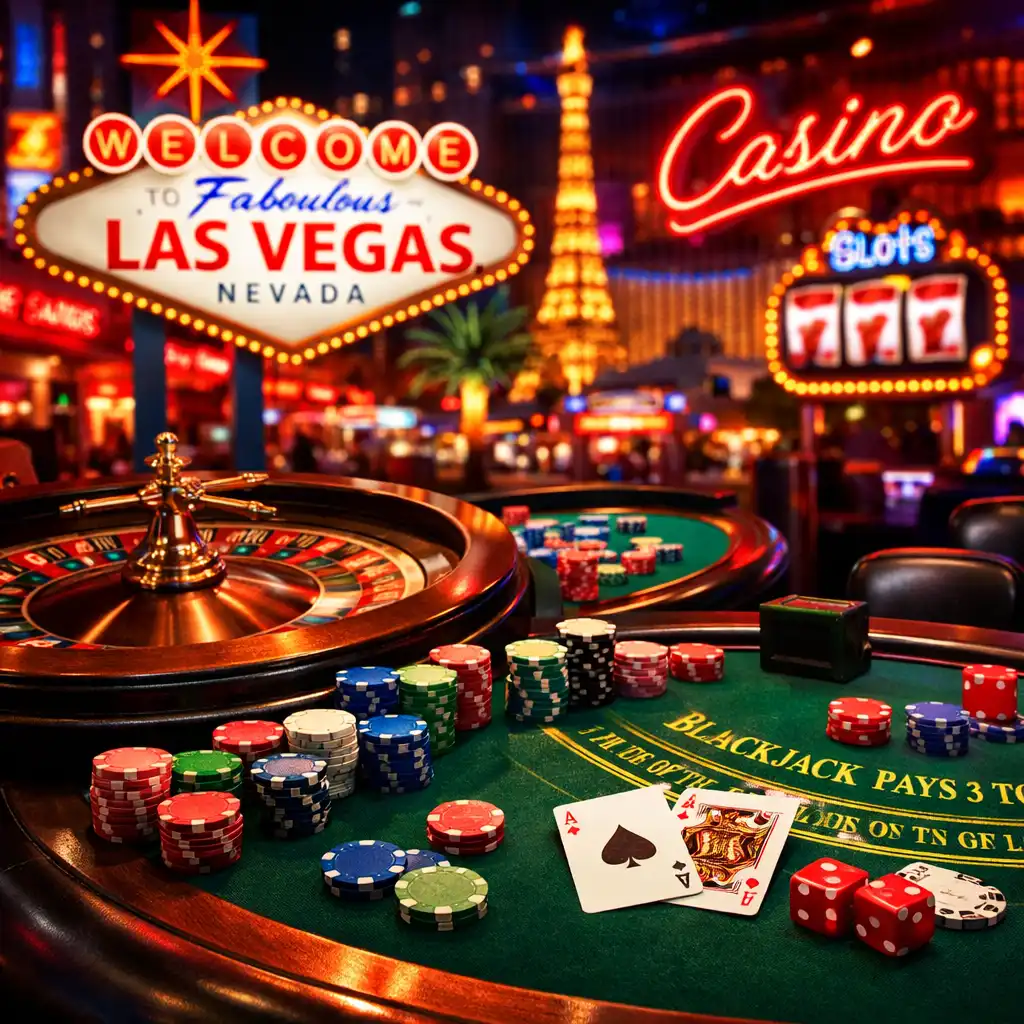 Neonowe światła Las Vegas z klasycznymi stołami do ruletki i blackjacka oraz kolorowymi żetonami