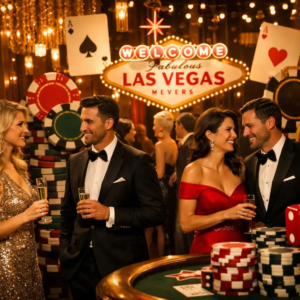 Scena z eventu tematycznego w stylu Las Vegas z gośćmi w eleganckich strojach