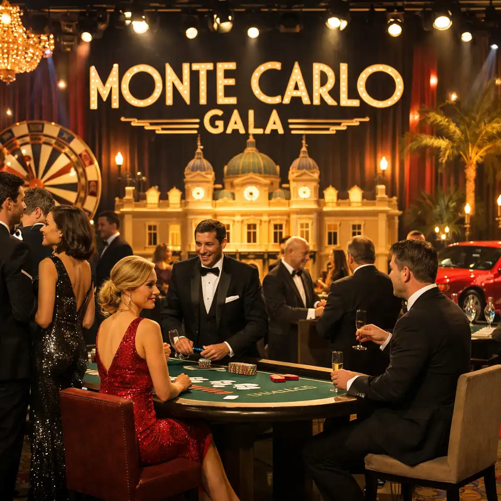 Scena gali charytatywnej z dekoracjami w stylu Monte Carlo i gośćmi w eleganckich strojach