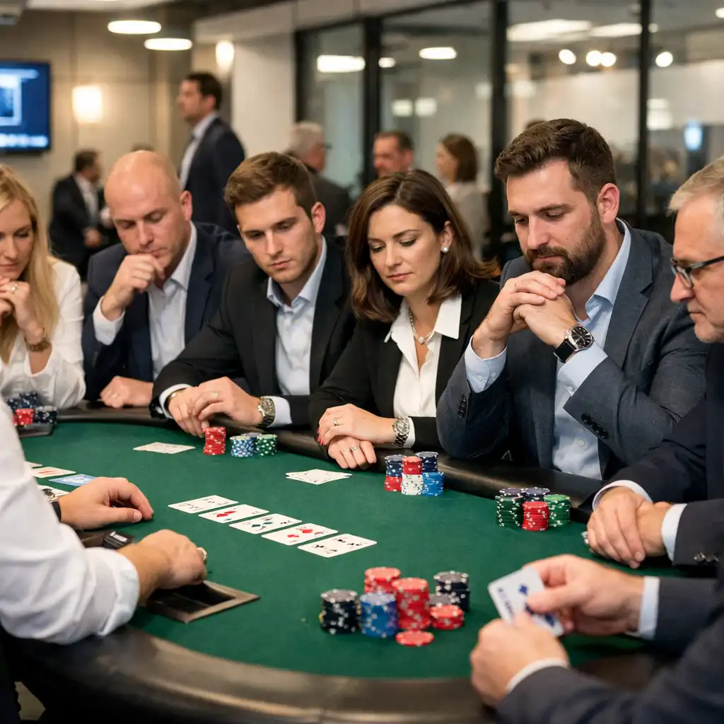 Turniej pokerowy podczas imprezy firmowej z pracownikami w biznesowych strojach