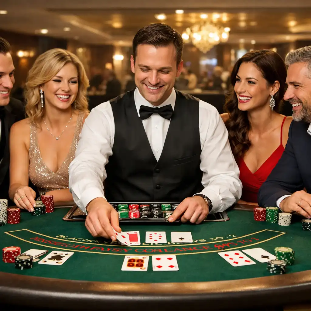 Uśmiechnięci goście przy stole do blackjacka, krupier rozdaje karty