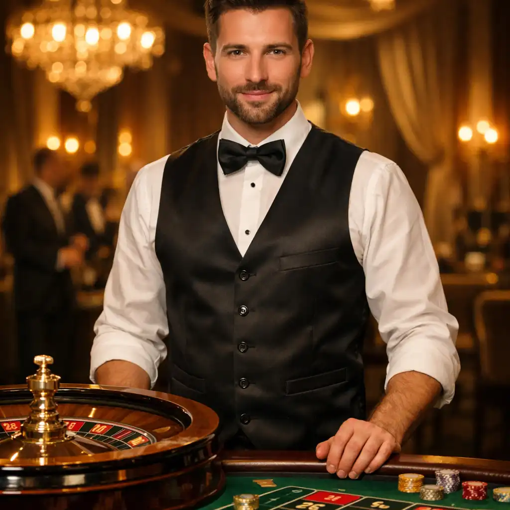 Stylowy krupier w eleganckiej kamizelce i muszce przy stole do ruletki