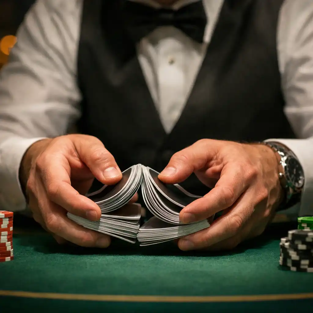 Krupier tasujący karty do blackjacka w eleganckim otoczeniu
