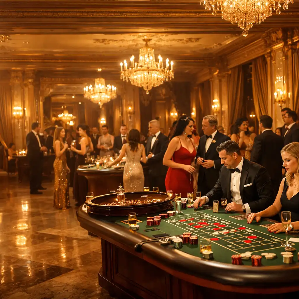 Elegancka sala balowa ze stołami do ruletki i blackjacka podczas wieczoru kasynowego