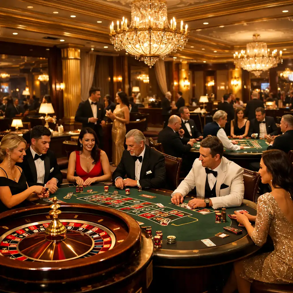Elegancka sala hotelowa ze stołami do ruletki i blackjacka, ciepłe oświetlenie i złote akcenty