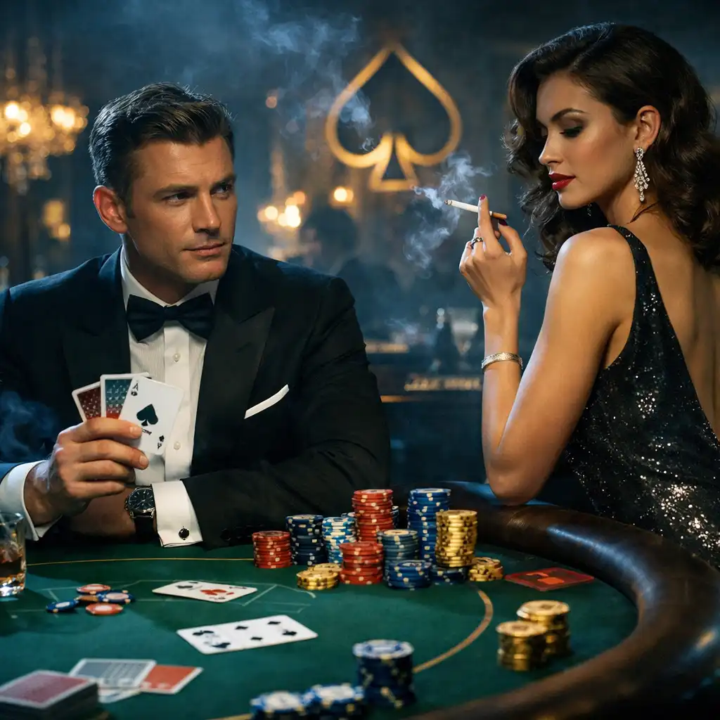 Eleganckie kasyno w stylu filmów o Jamesie Bondzie z zielonym stołem do pokera i nastrojowym oświetleniem