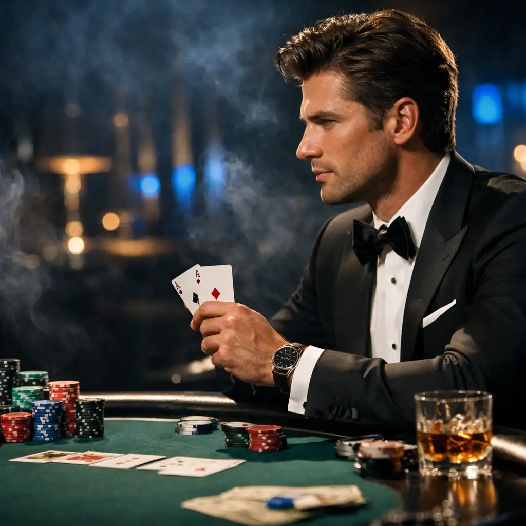 Elegancki mężczyzna w smokingu przy stole do pokera w klimacie Jamesa Bonda