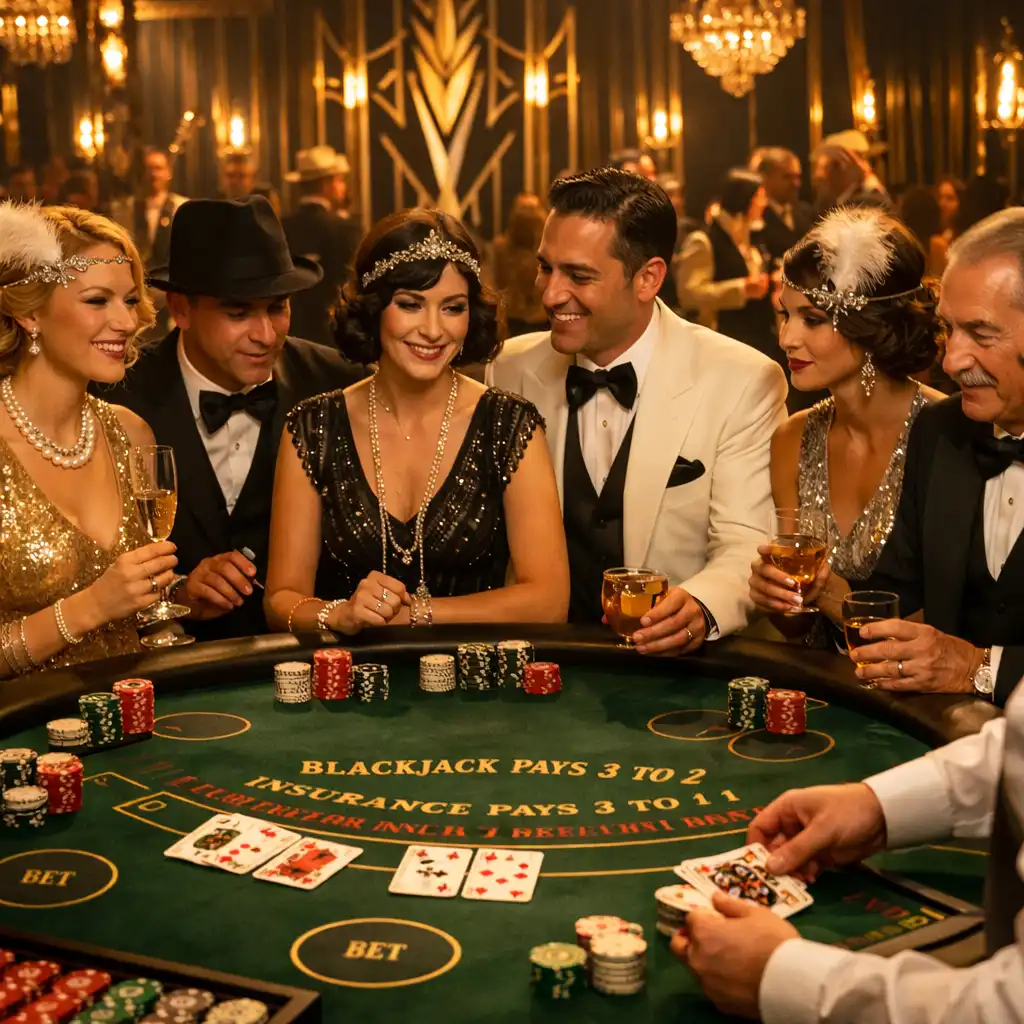 Eleganccy goście w stylu lat 20. przy stole do blackjacka, dekoracje art déco