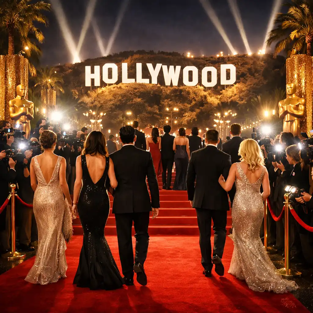 Czerwony dywan z fleszami aparatów i eleganckimi gośćmi w klimacie Hollywood