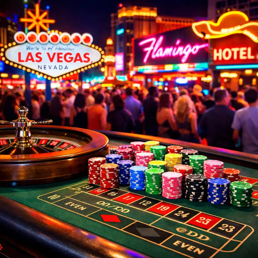 Neonowe światła Las Vegas i stół do ruletki z kolorowymi żetonami
