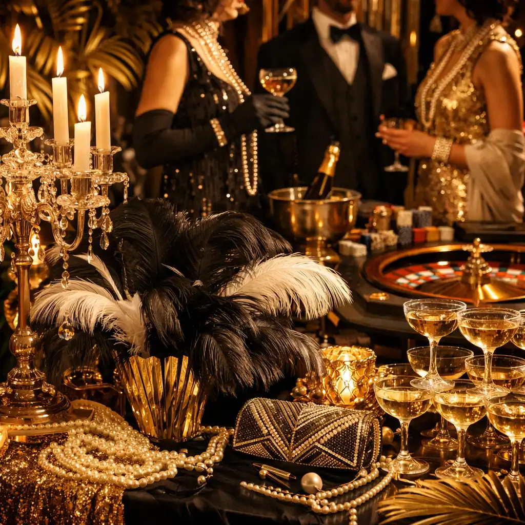 Eleganckie przyjęcie w stylu lat 20. z art déco, złotymi dekoracjami i stołem do ruletki